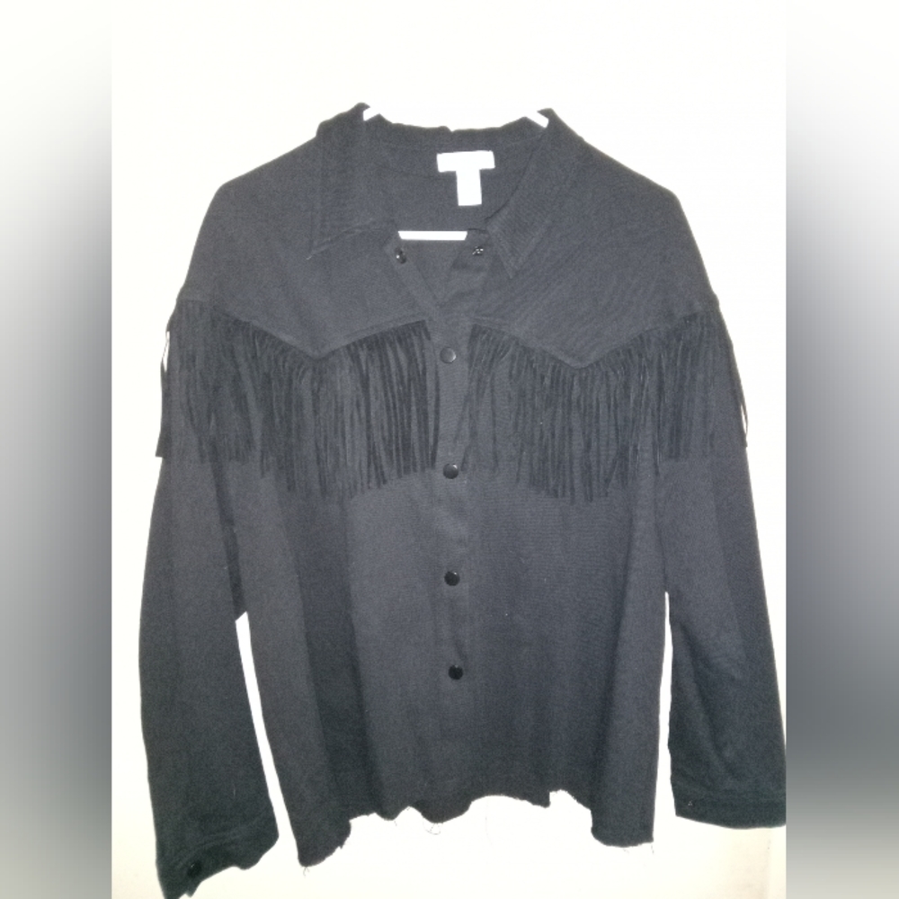 Forever 21 Oversized Black Fringe Denim Jacket Size L